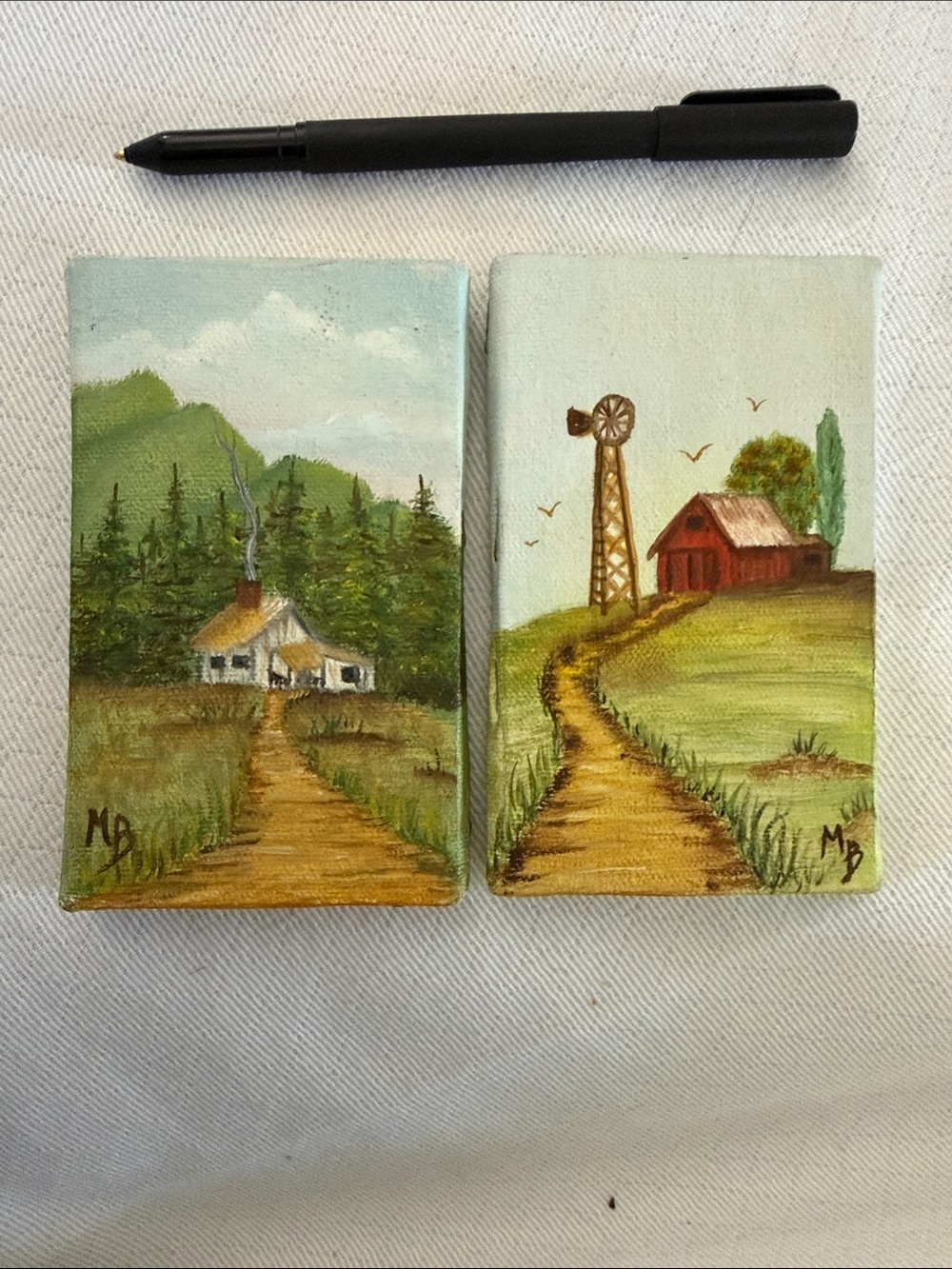 Vintage Pair Miniature Landscape Oil Paintings 3x5 Stretched Canvas Signed